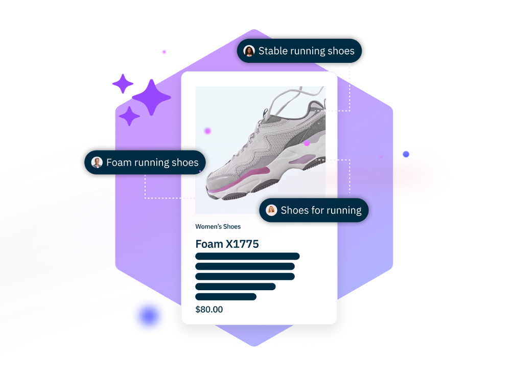 Women's Foam X1775 running shoes, priced at $80. Descriptive tags highlight features.
